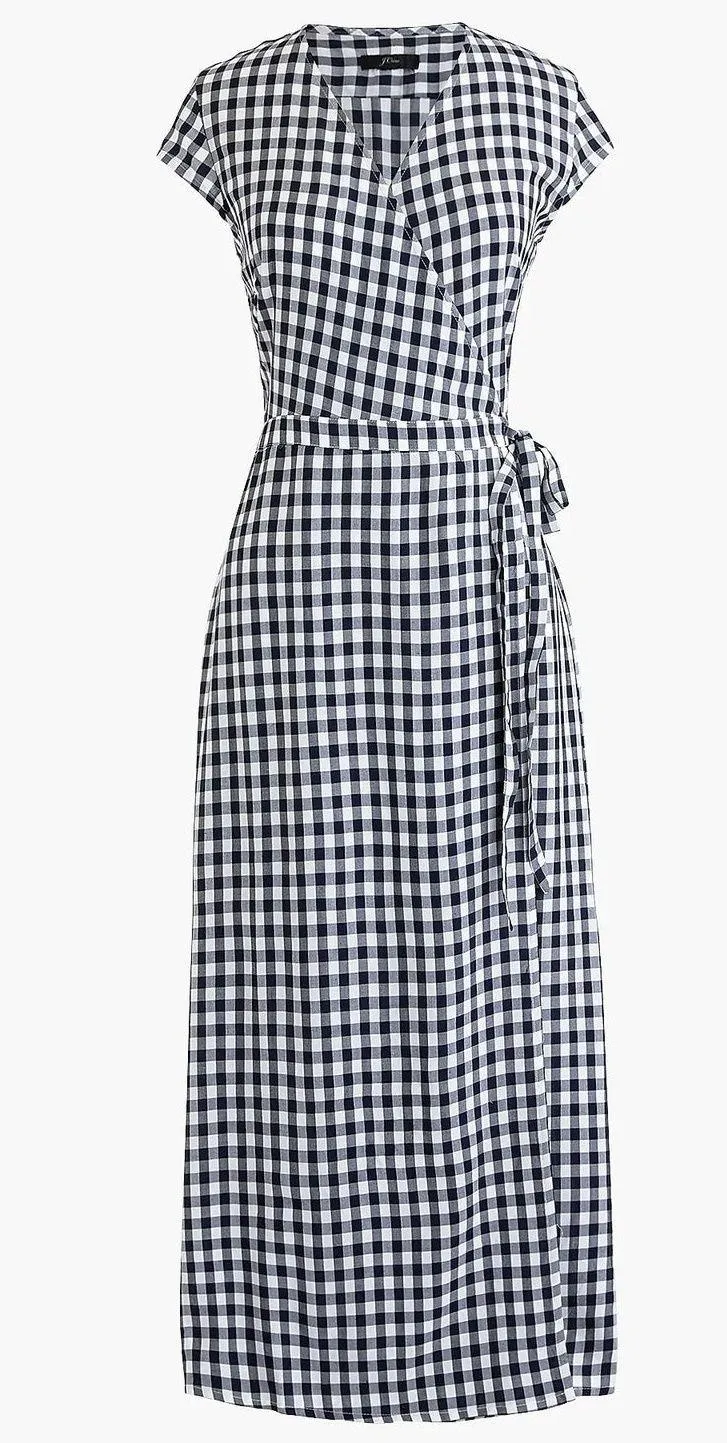 J Crew Midi Wrap Dress Womens XXS Blue White Gingham Viscose Classic Cottagecore - Image 1