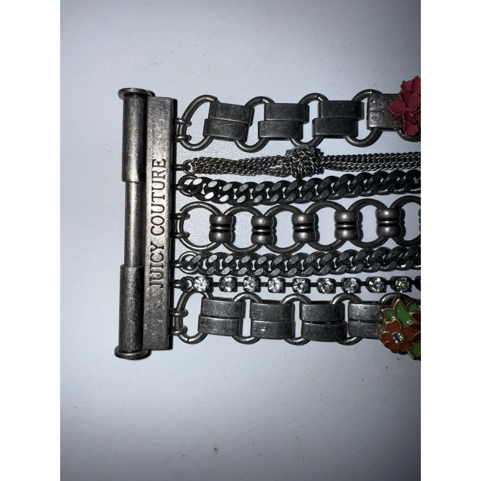 Vintage Juicy Couture Silver Multi Chain Wide Bracelet Flowers‎ Floral Boho Y2K - Image 3