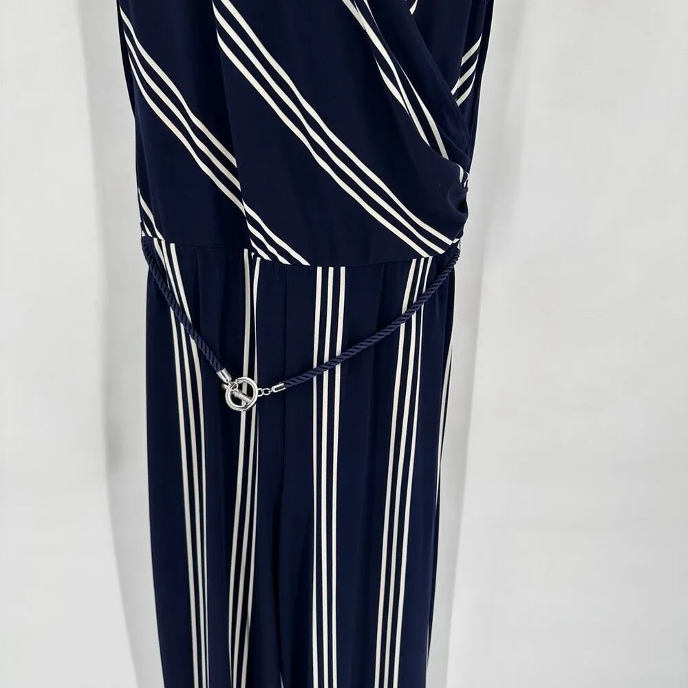 NWOT Lauren Ralph Lauren Women’s Faux Wrap Jumpsuit Rope Belt Navy‎ Stripe Large - Image 7