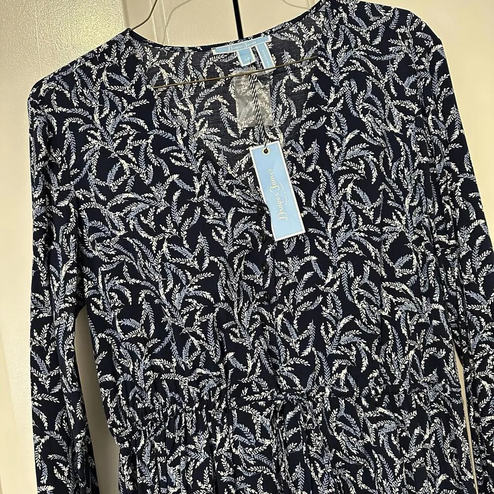 Draper James Sz 12 Long Sleeve Dress Blue Fern V Neck Drawstring Waist $98 - Image 12