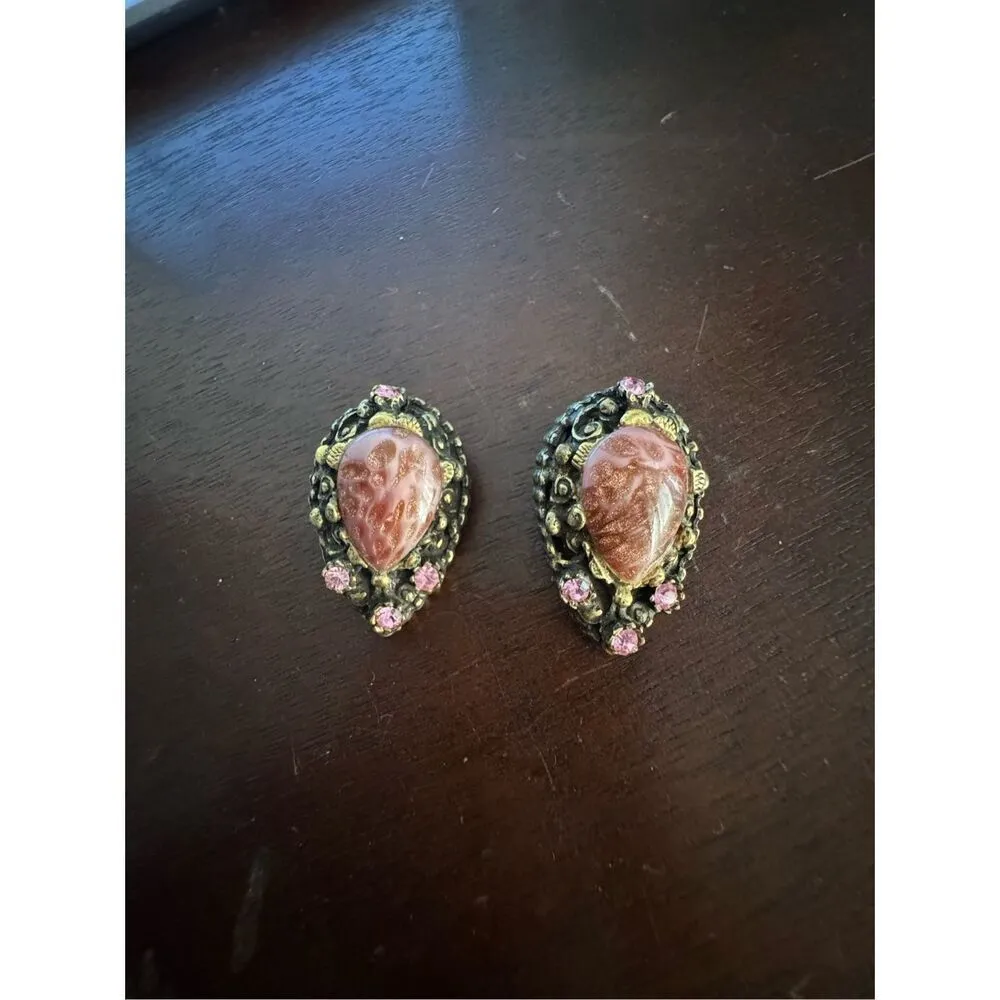 Vintage Victorian pink large stone clip on earrings witchy old money gypsy - Image 2