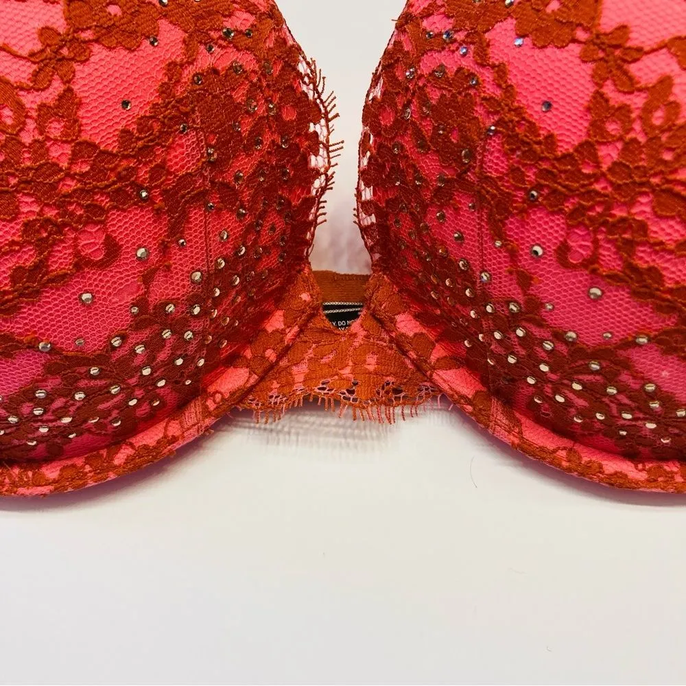 Victoria's Secret Very Sexy Push Up Bra Pink Lace Rhinestone‎ Bling Size 36D - Image 2