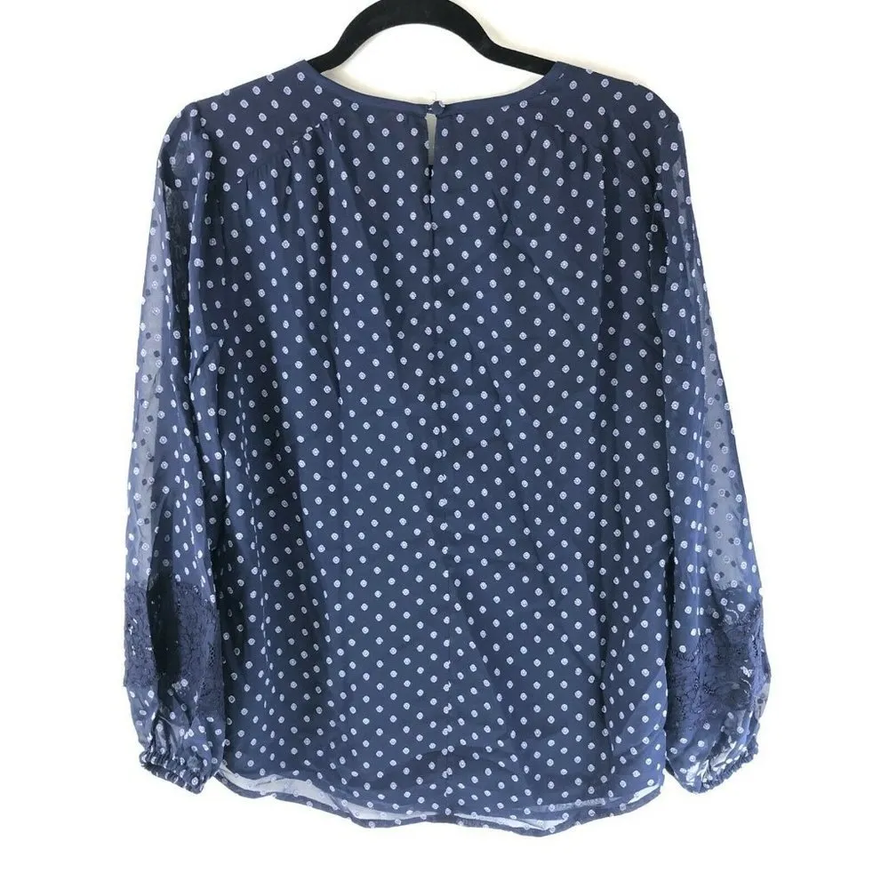 Isaac Mizrahi Live! Bi-Color Clipped Dot Peasant Blouse Lace Trim Navy Blue 10 - Image 2