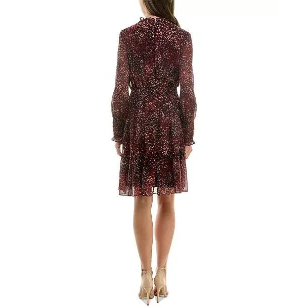 $128 Taylor Floral Print Mock Neck Long Sleeve Tiered Chiffon Dress Red Size 10 - Image 2