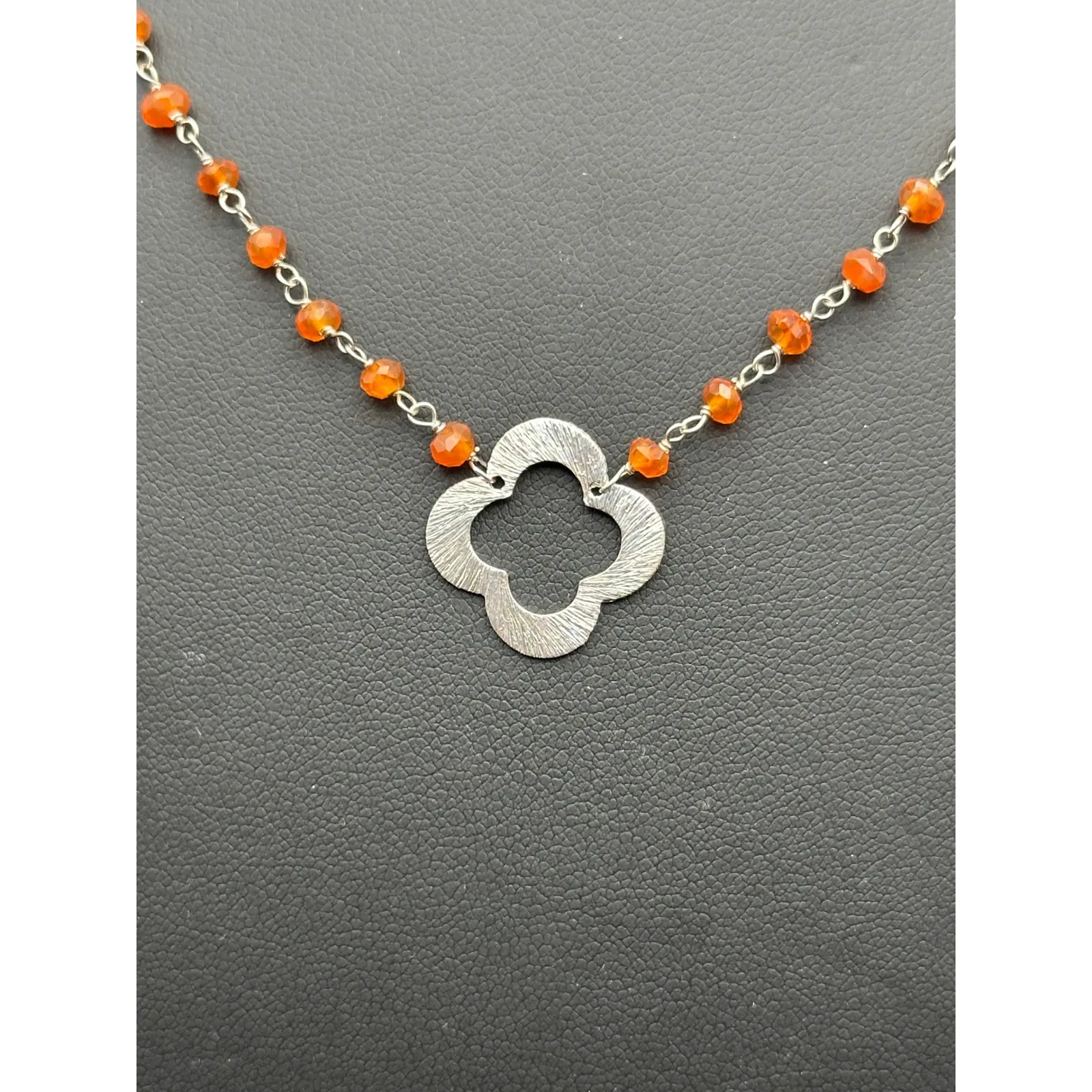 Carnelian Gemstone Beaded Clover Necklace Sterling‎ Silver .925 - Image 2