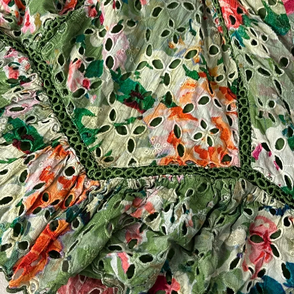 RTR SZ S 4 Hemant & Nandita short green eyelet crochet cutout dress floral mini Orange - Image 7