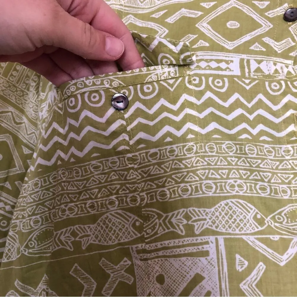 Chicos Cotton Green Aztec Tribal Tropical Long Sleeve Button Up Shirt Blouse Top - Image 6