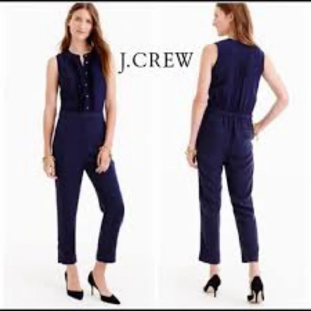 J Crew Ruffle Front Jumpsuit Navy Blue Silk - Image 8