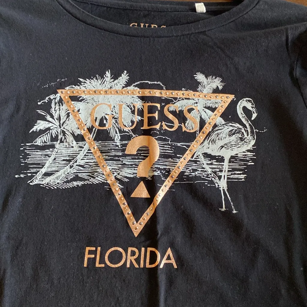 New Womens GUESS T Shirt From Florida Rhinestones Black Gold Size Medium - Image 3