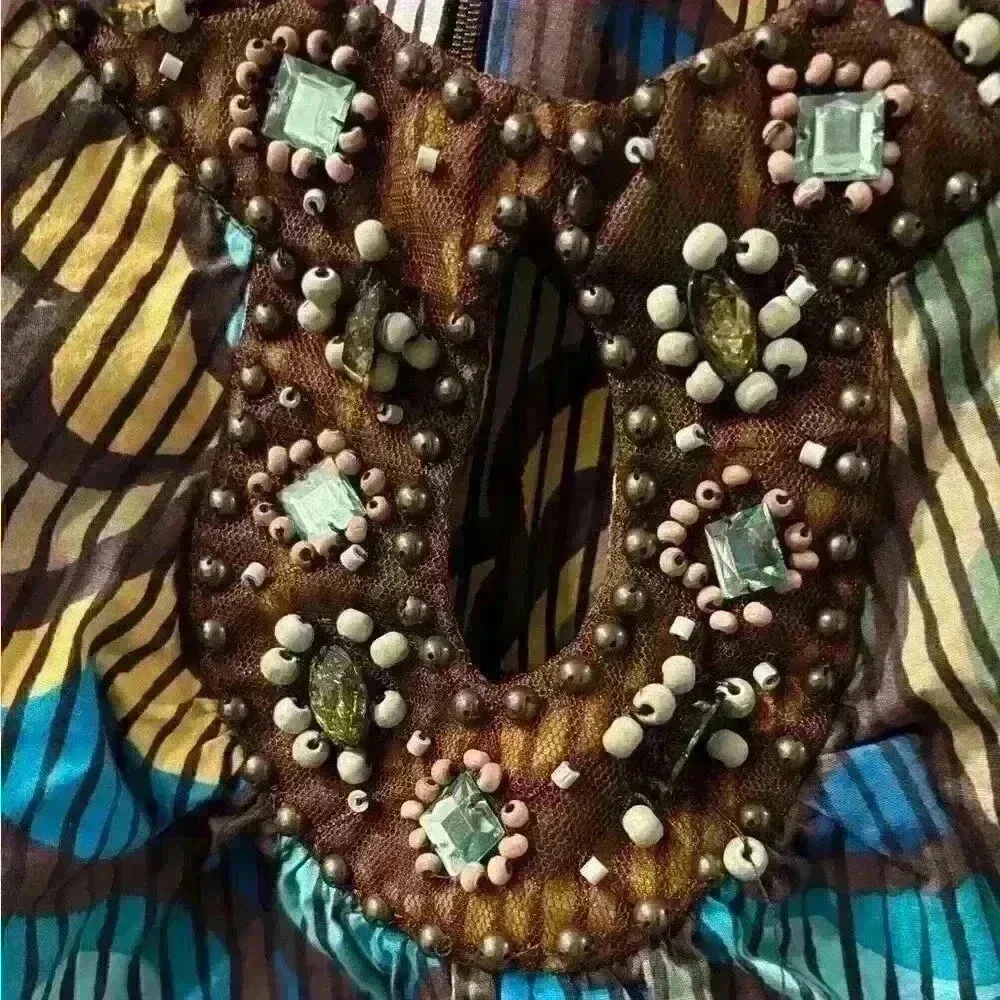 Y2K Printed Beaded Dress Green Size 8 - Image 4