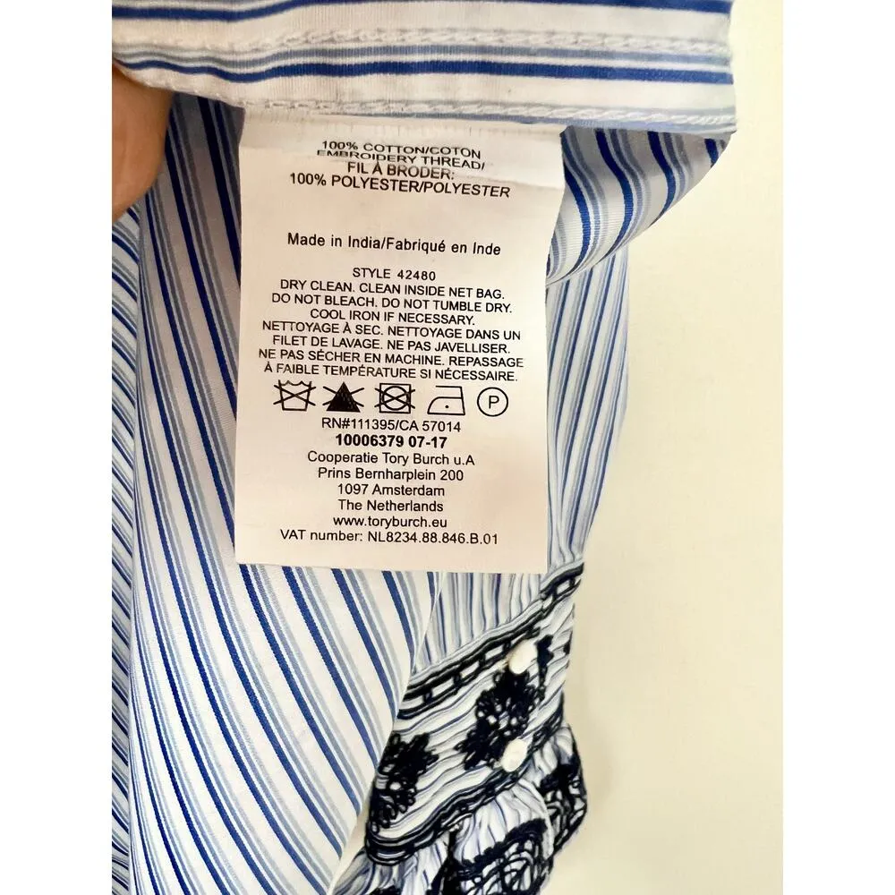 Tory Burch Pinstripe Embroidered Bell Sleeve Button Up Shirt Blue/White Size 2 - Image 4