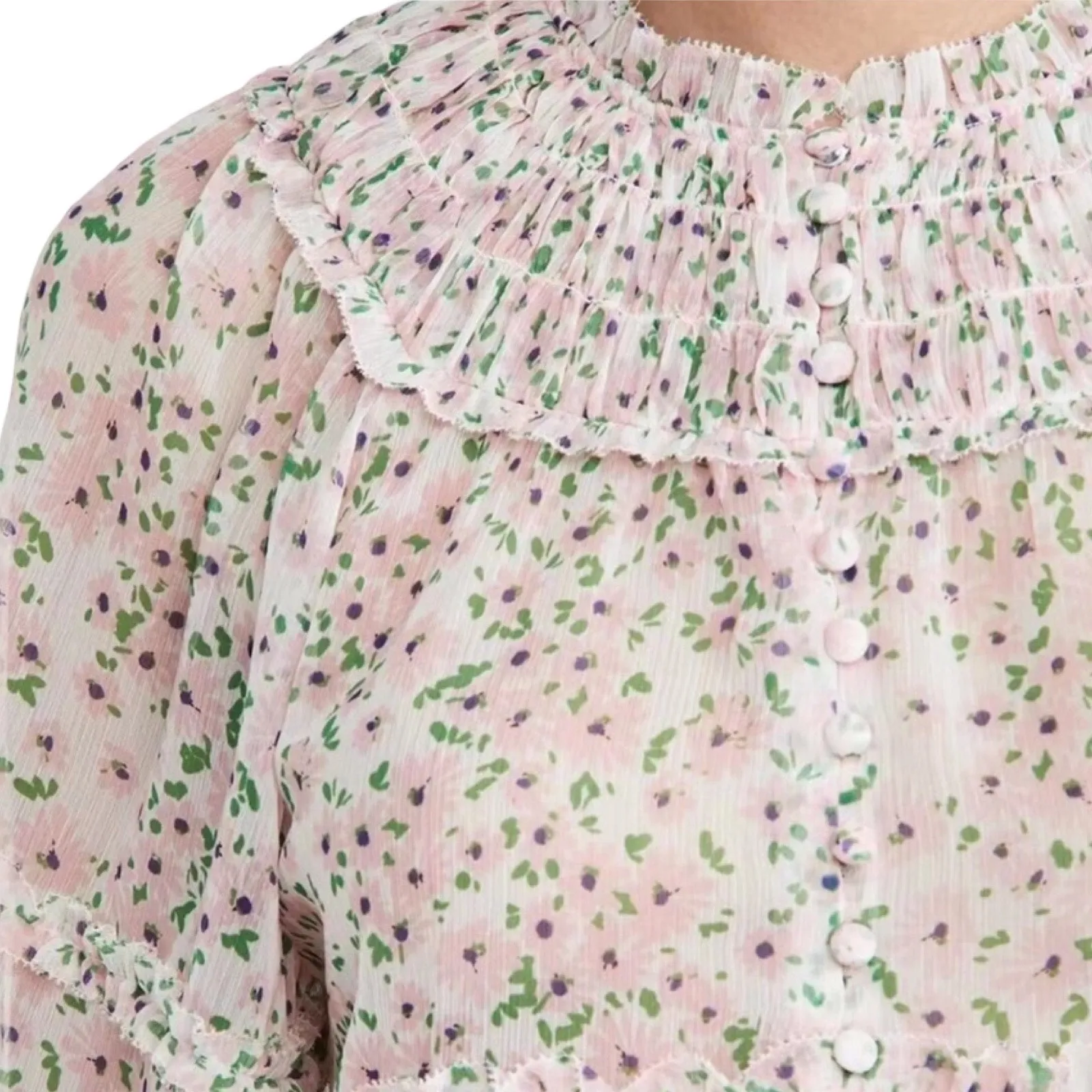 Alice + Olivia Margery Ruffle Tiered Floral Blouse Pink Green Size Large - Image 4