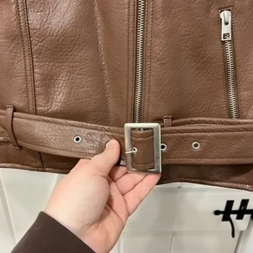 Old Navy Womens Motto Jacket Large NWT Brown Faux Leather Zip Trucker Belt Biker - Image 2