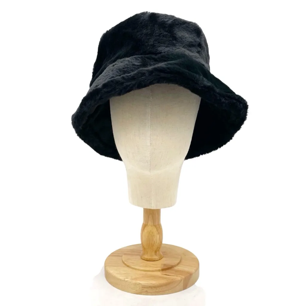 Black Faux Fur Bucket Hat Winter Soft Plush Fuzzy Warm Outerwear Unisex One Size - Image 2