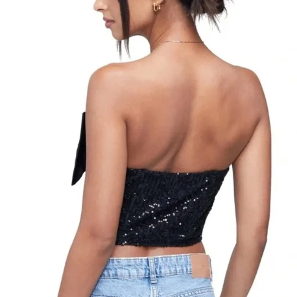 Wildfox  Alston Strapless Sequin Satin Bow Top Black size XS - Image 2