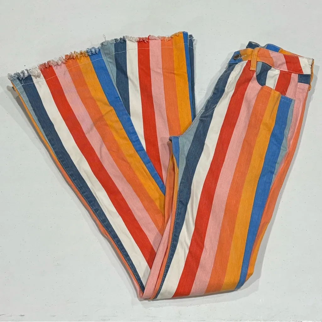 Boutique Rainbow Striped Multicolor Bell Bottom Women Jeans, Small Pink Size undefined - Image 3