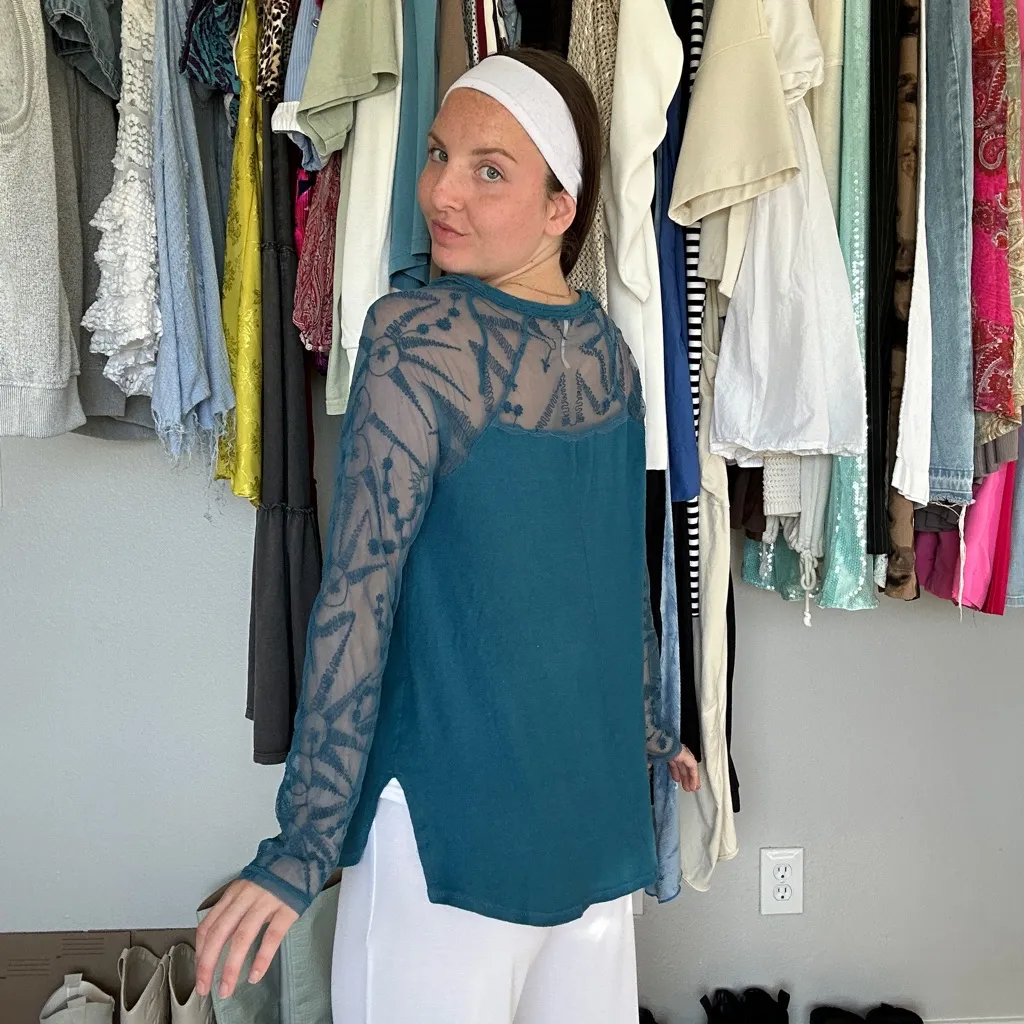 Free People Teal Sheer Lace Top - Image 2