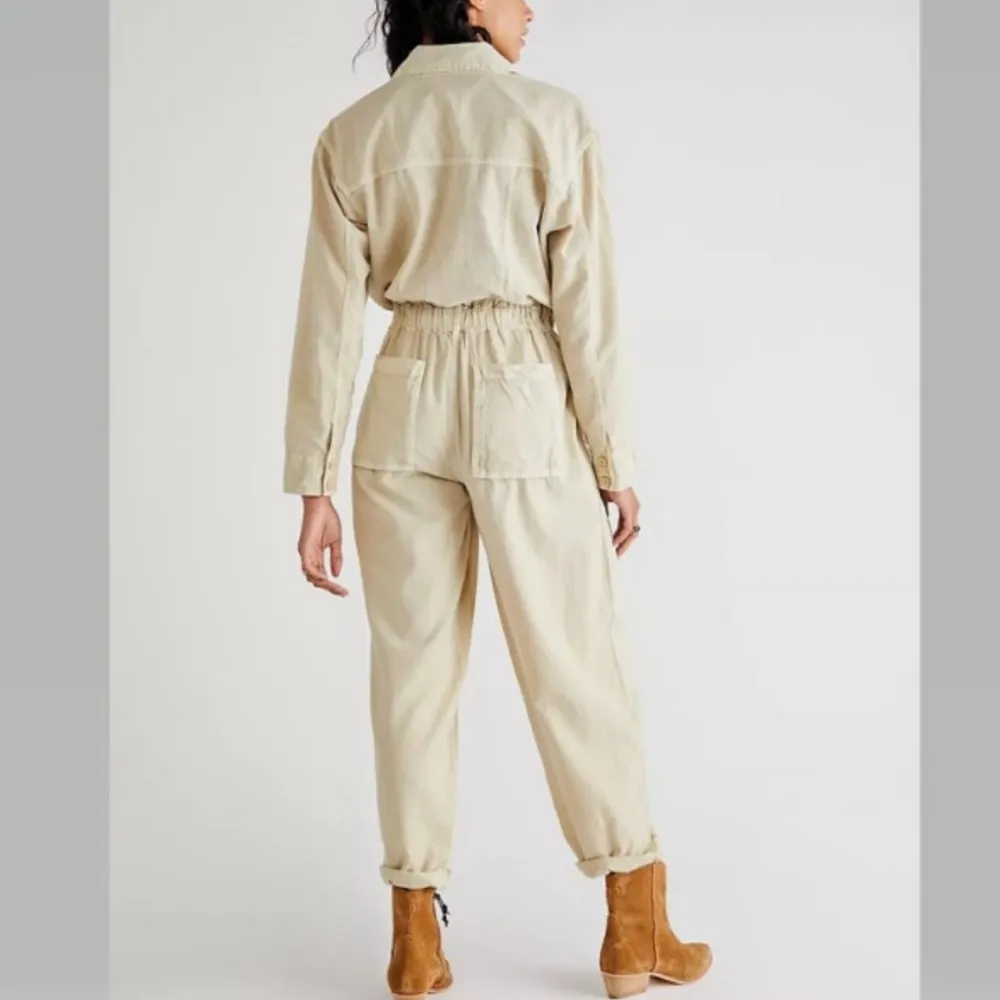 Free People Quinn Coverall Size Large Jumpsuit in Thistle Seed Green Boho Linen - Image 2