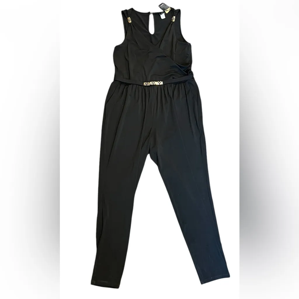 Women's Torrid 1 Black Sleeveless V Neck Gold Trim Classic Dressy Jumpsuit NWT‎ - Image 2