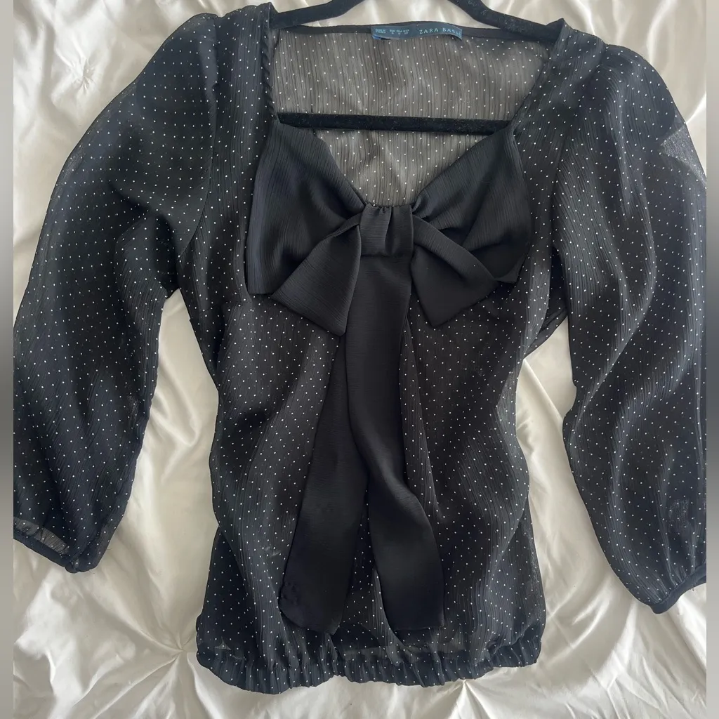 Zara Black Blouse with Polka Dots and Bow - Image 2