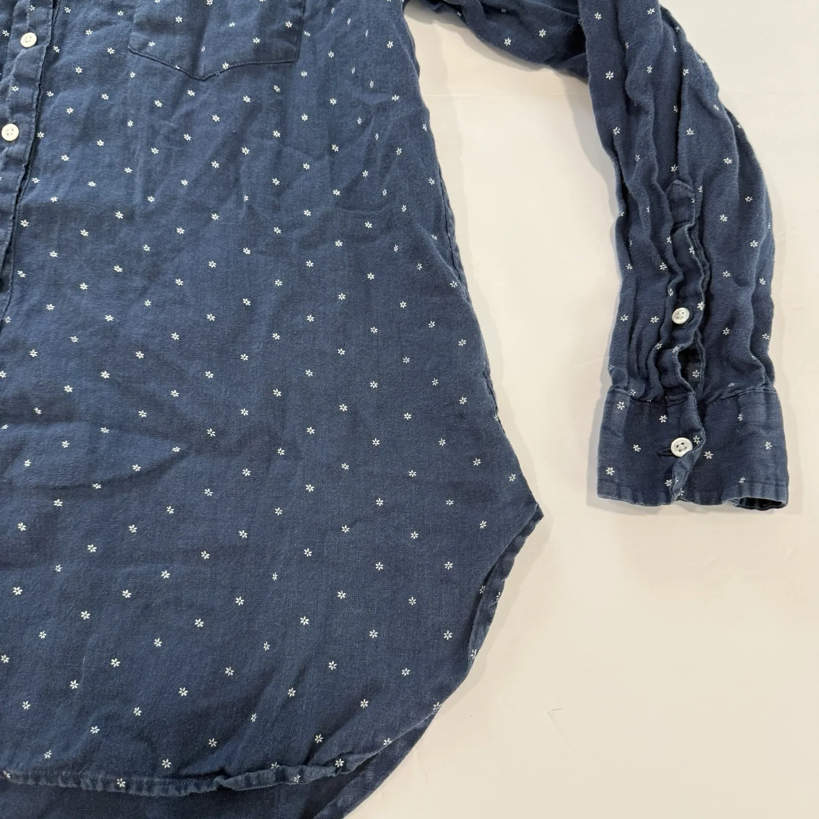 LL Bean Blue White Floral Washable Linen Button Up Shirt Size XL - Image 5