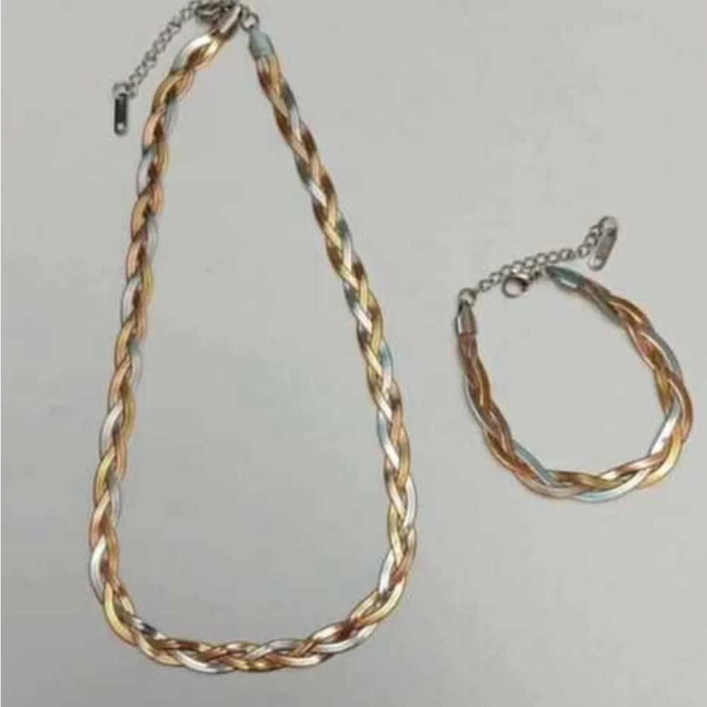 Stainless Steel Braid Tricolors snake Necklace SET Bracelet Womens jewelry Gold - Image 5