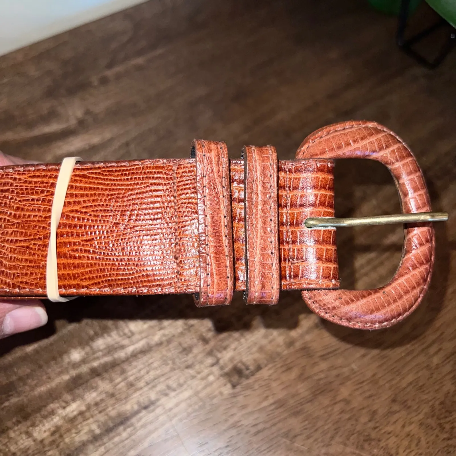 JOS A BANK Leather Lizard Embossed Wide Belt Women Large Tortoise Shell Buckle Brown - Image 6