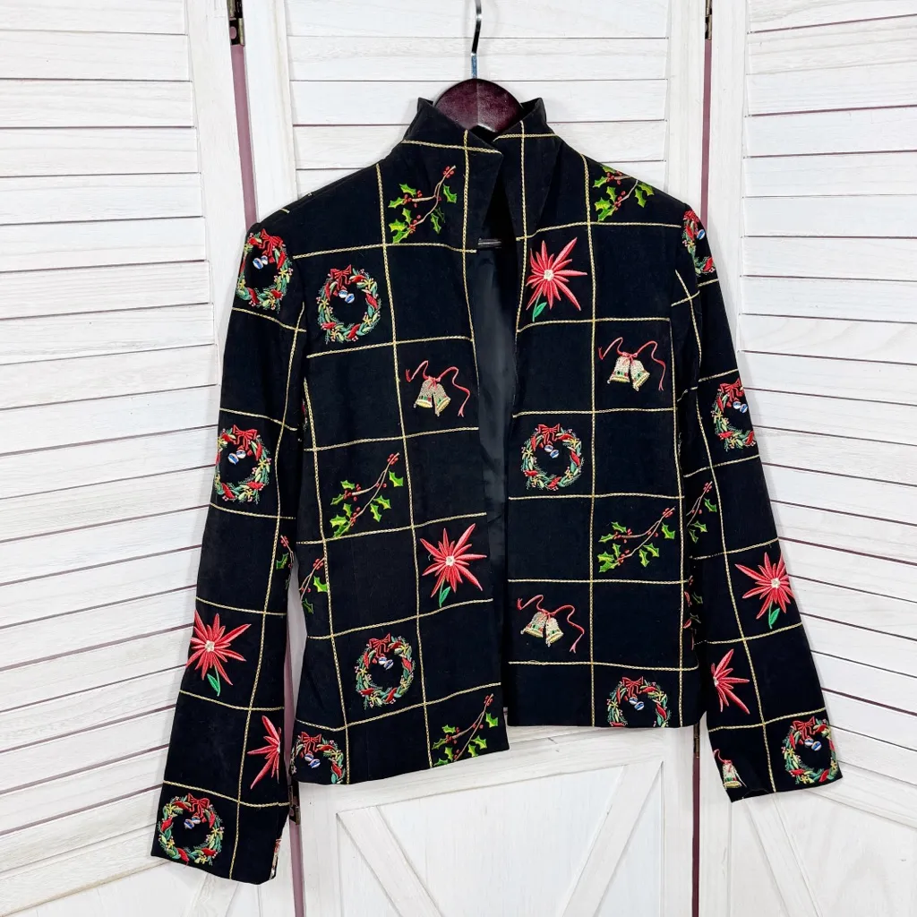 MAK New York Christmas Embroidered Open Front Blazer Jacket Black Multi 8 - Image 7