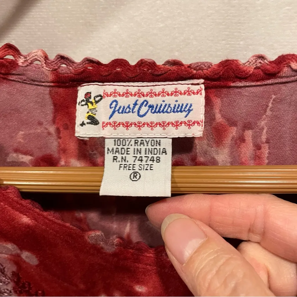 Cute tie dye embroidered scalloped hem top v neck long sleeve flowy floral Pink Size M - Image 5