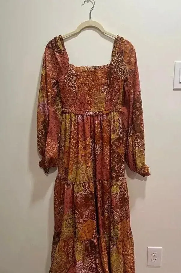 AURA maxi dress patchwork boho rust long sleeves smocked paisley stretchy - Image 2