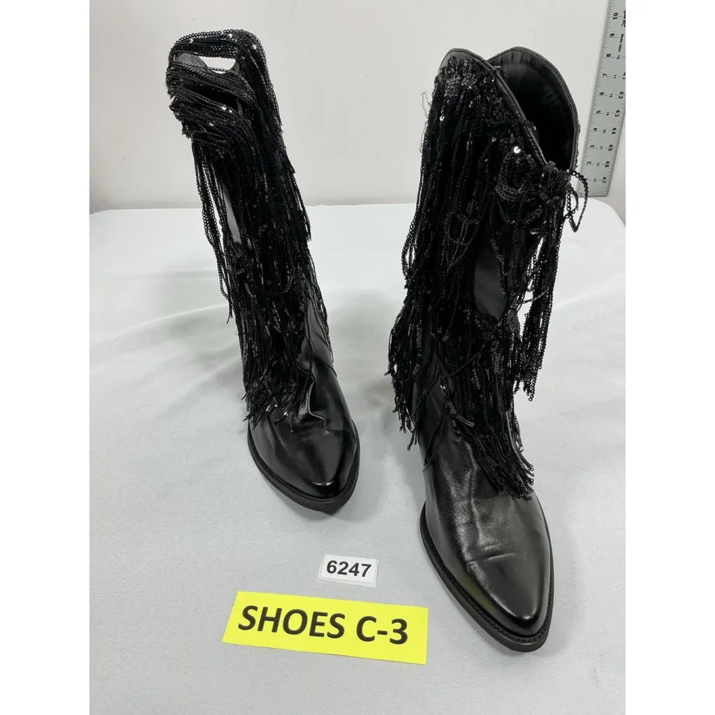 Womans HiColor Midcalf Western Style Boots Pullon 11 Black Block Heel Sequins - Image 3