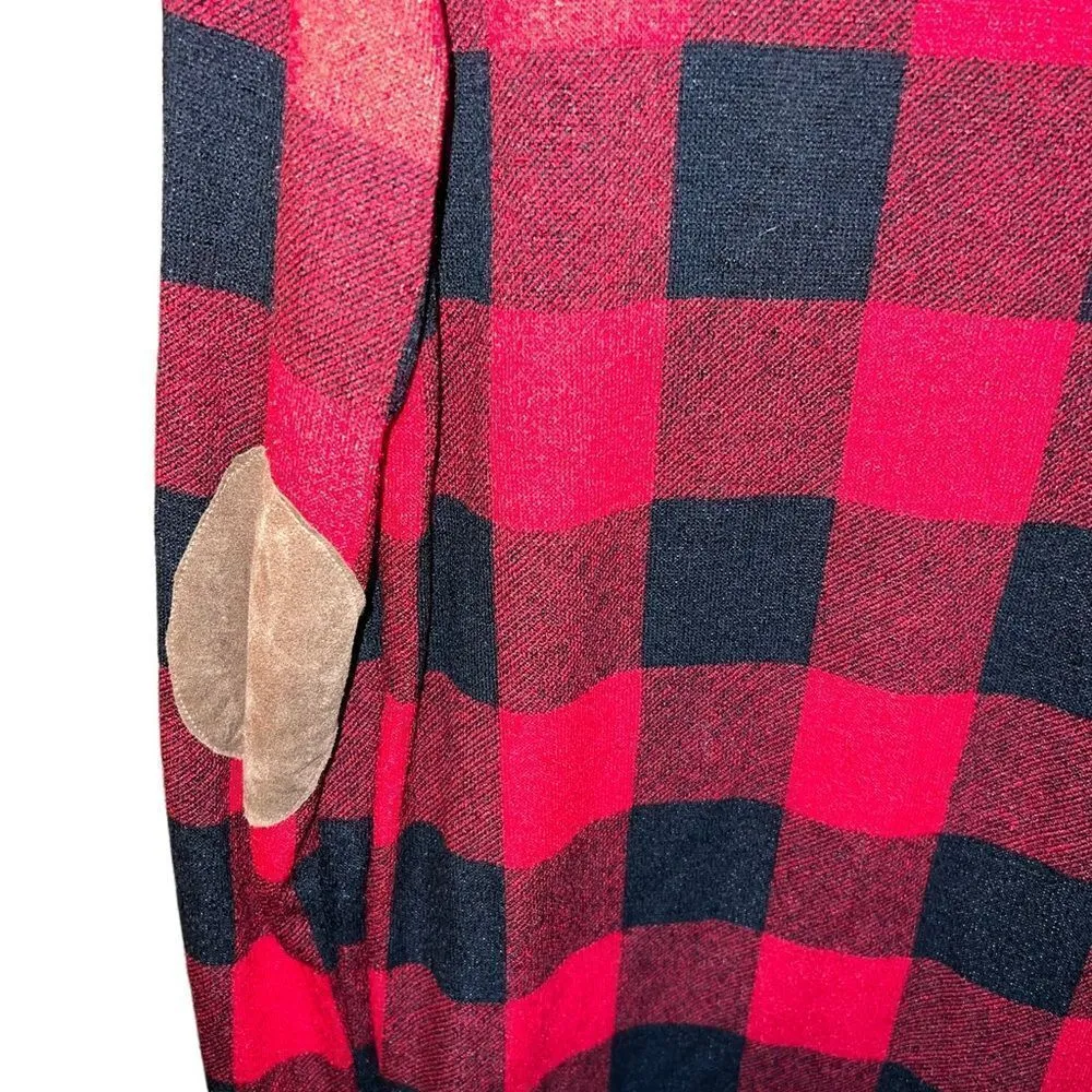 a.gain black and red plaid open front cardigan with brown faux suede elbows - Image 3