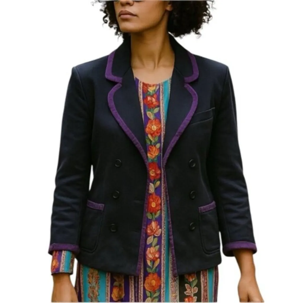 Lacoste Double-Breasted Blazer Large L Navy Blue Violet Trim Tailored Jacket - Image 2