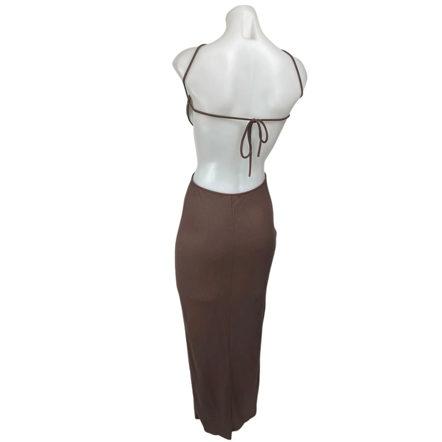 12th Tribe Brown Ribbed Knit Sleeveless Cutout Slit Midi Bodycon Dress Size L - Image 2