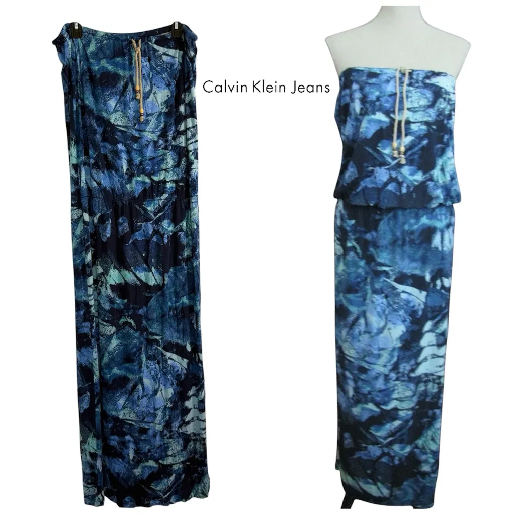 Calvin Klein Blue Patterned Strapless Maxi Dress L/G - Image 2