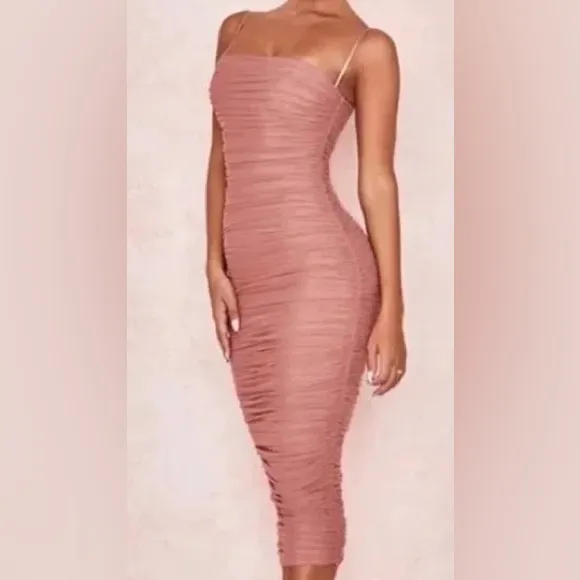 House Of CB Sirene Gathered Organza Mesh Antique Rose Dress Size XS - Image 3