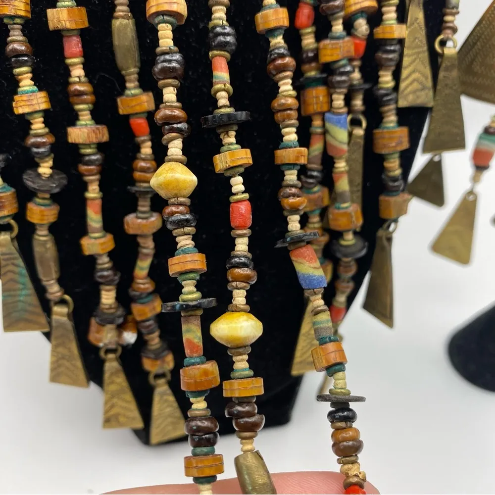 Vintage Tribal Beaded Bronze Bohemian Waterfall Necklace And Earrings Set - Image 8