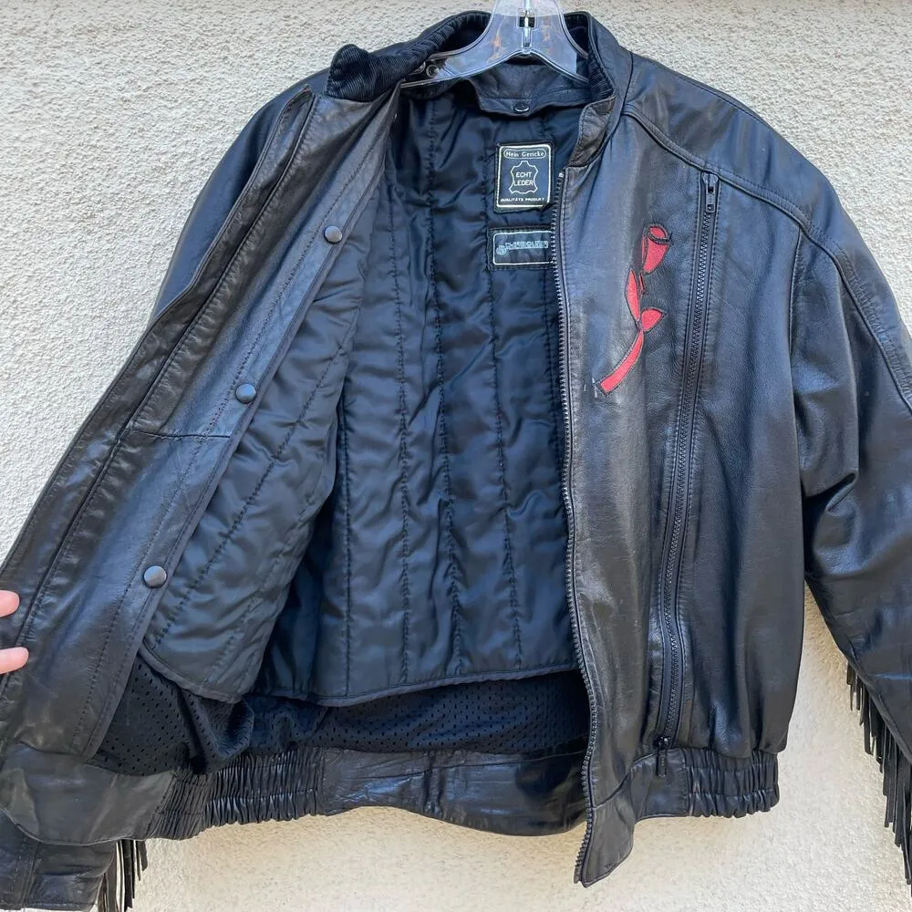 Vintage Hein Gericke Black Leather Moto Jacket Fringe Roses L Size L - Image 10