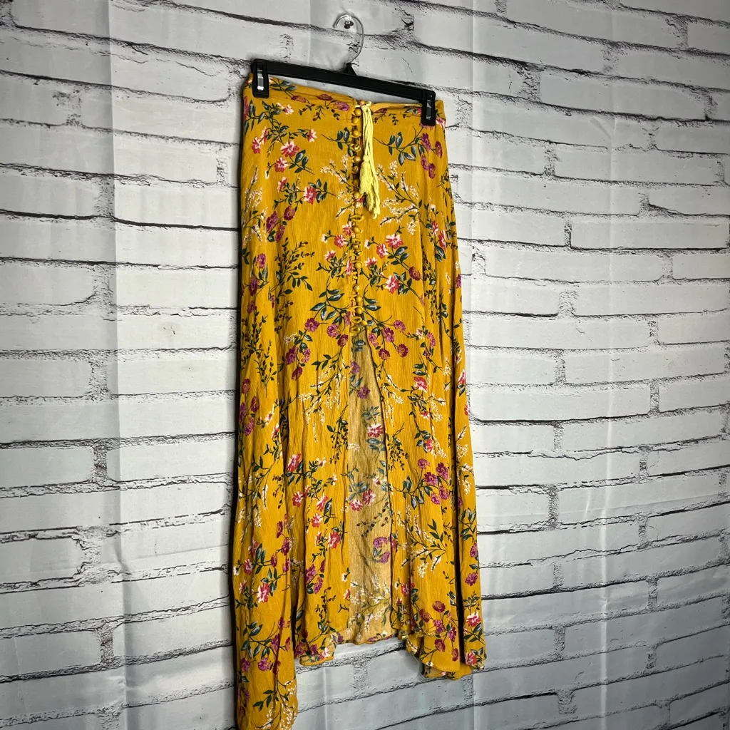 Melle Mustard Floral Maxi Skirt Sz S High Slit Boho Hippie Cottagecore Festival Yellow - Image 2