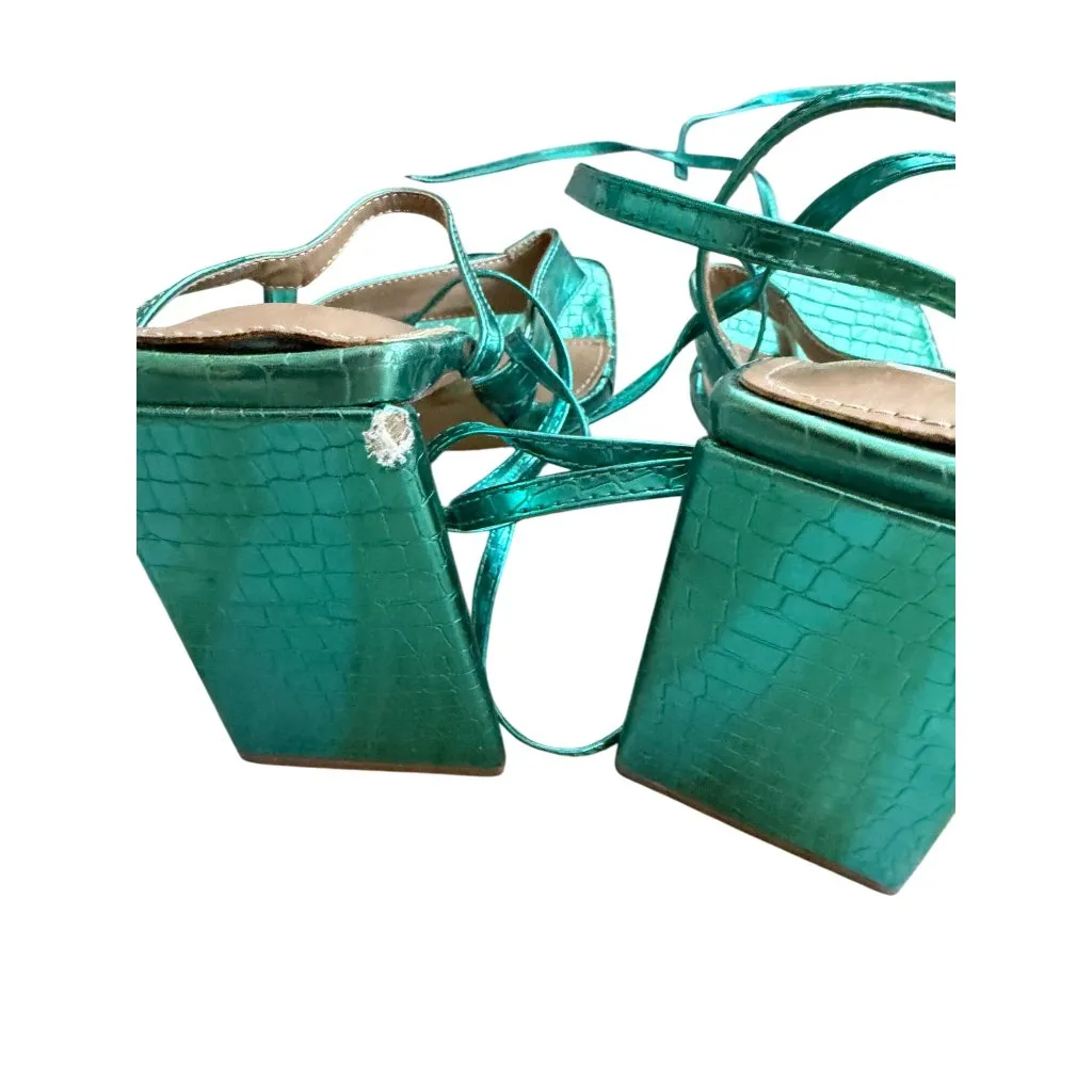 EGO Teal Metallic Lace Up Block Heels Sandals Size UK 7 / US 9 - Image 7