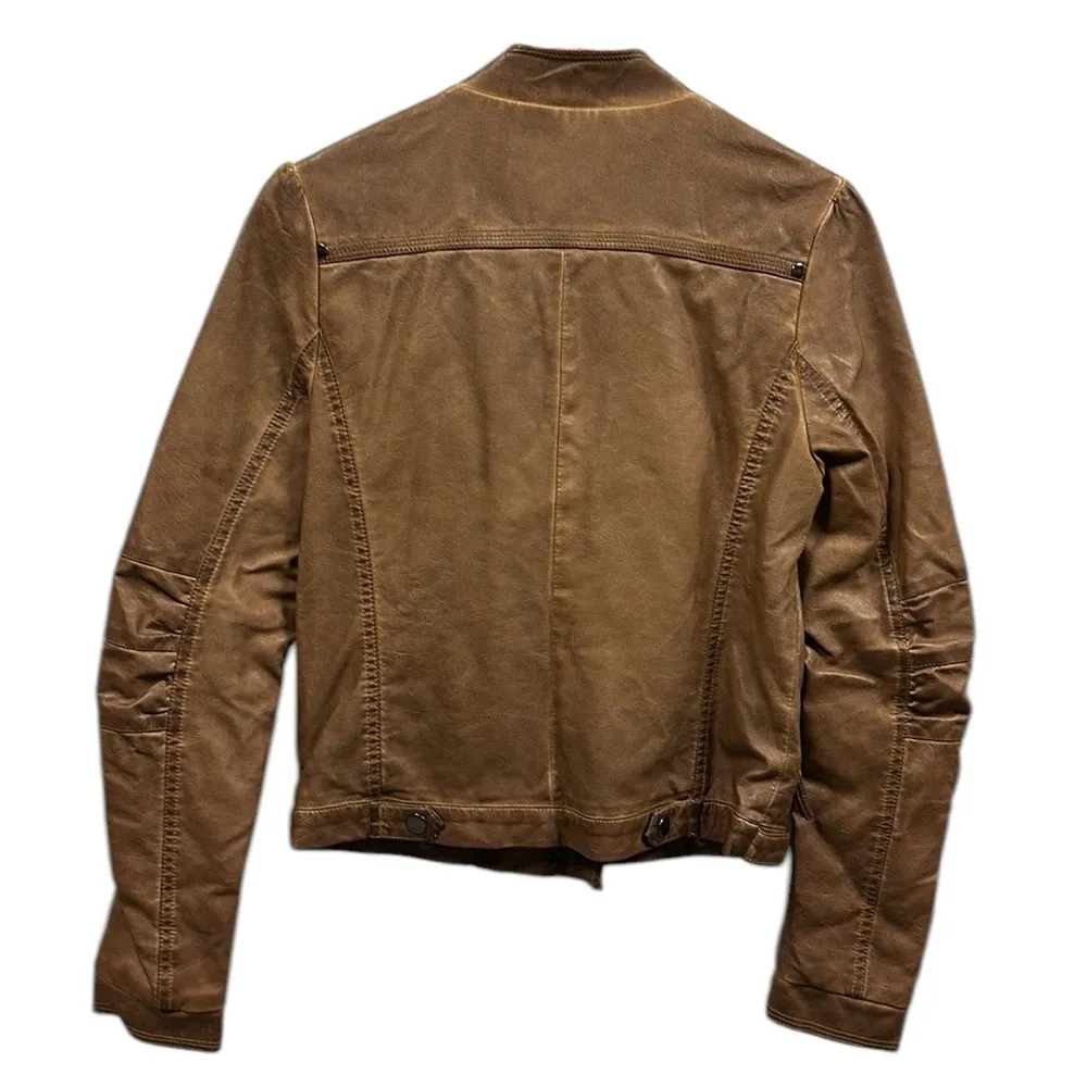 Blu Pepper Moto Distressed Look Brown Faux Leather Zip Up Jacket Womens Small - Image 8