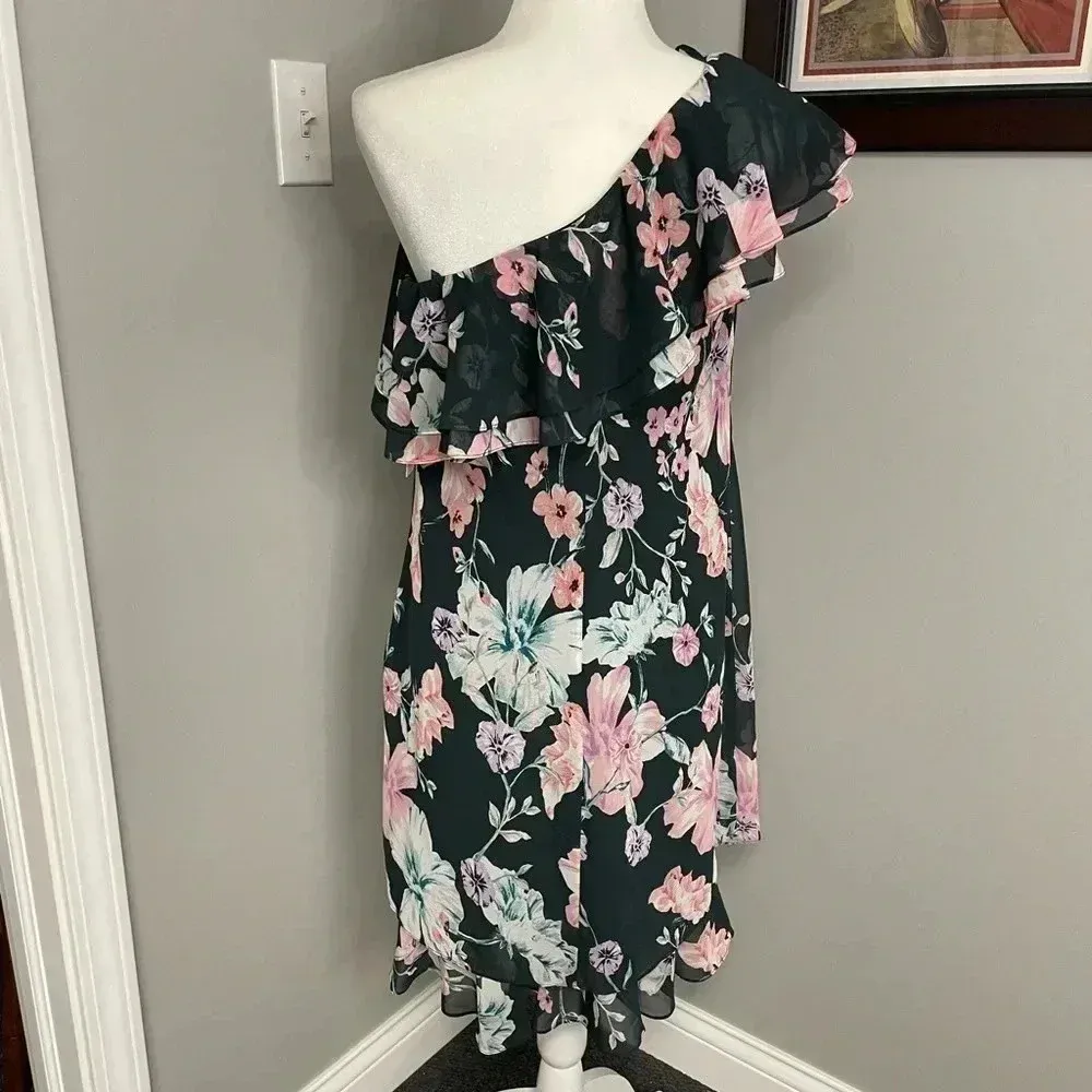 Eliza J Floral One Shoulder Ruffle Shift Dress NEW Green Pink Ruffle Feminine - Image 5