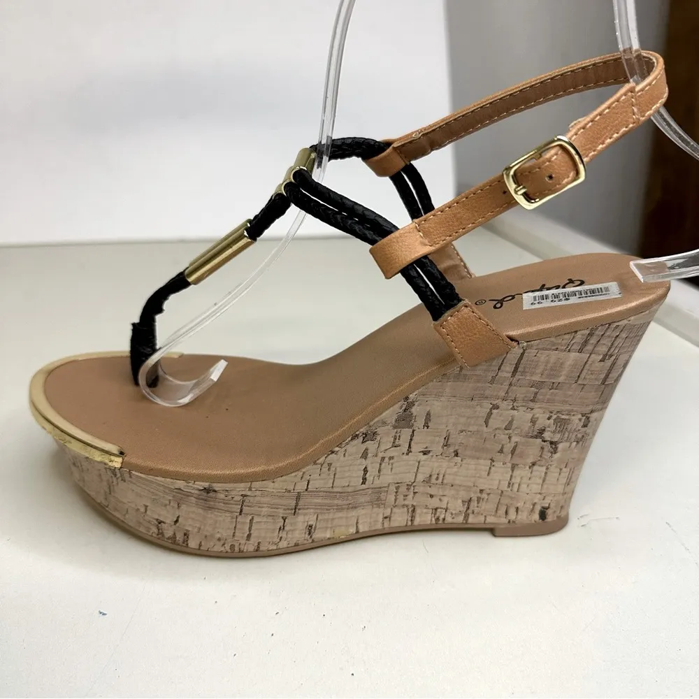 Qupid Tan Black Gold Cork Platform Wedge Sandal Shoes Womens 7.5 - Image 3