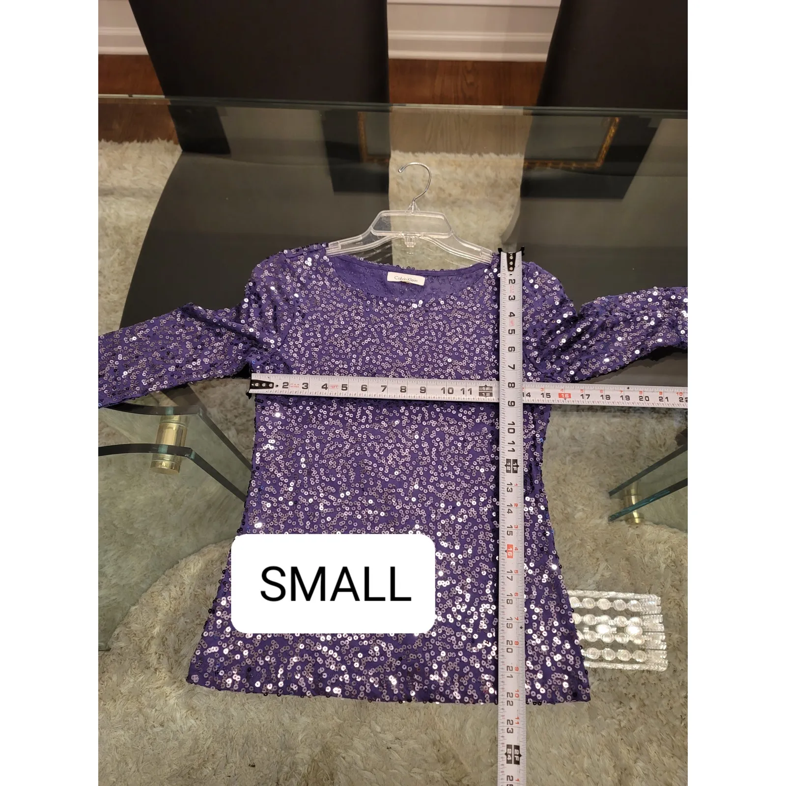 Calvin Klein Blouse Women’s Size Small Purple Sequin Crew Neck 3/4 Sleeves - Image 9