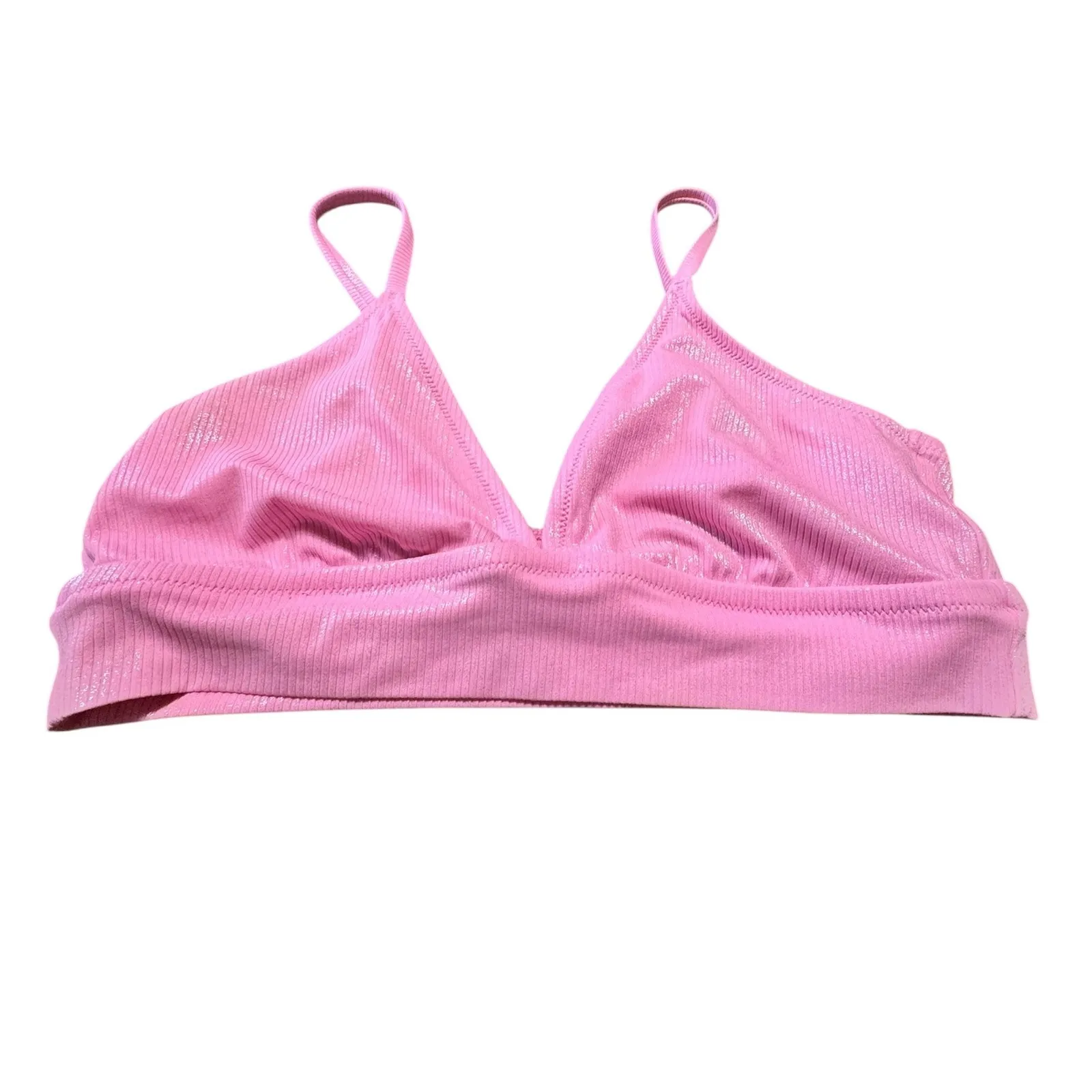 Aerie‎ Bralette Ribbed Shimmer Pink Triangle Bra Top Adjustable Straps L - Image 10