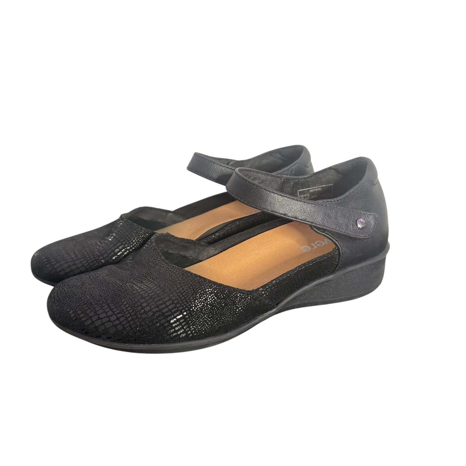 Revere‎ Osaka Mary Jane Comfort Shoes Black Leather Strap Reptile Print 7.5 Wide - Image 2