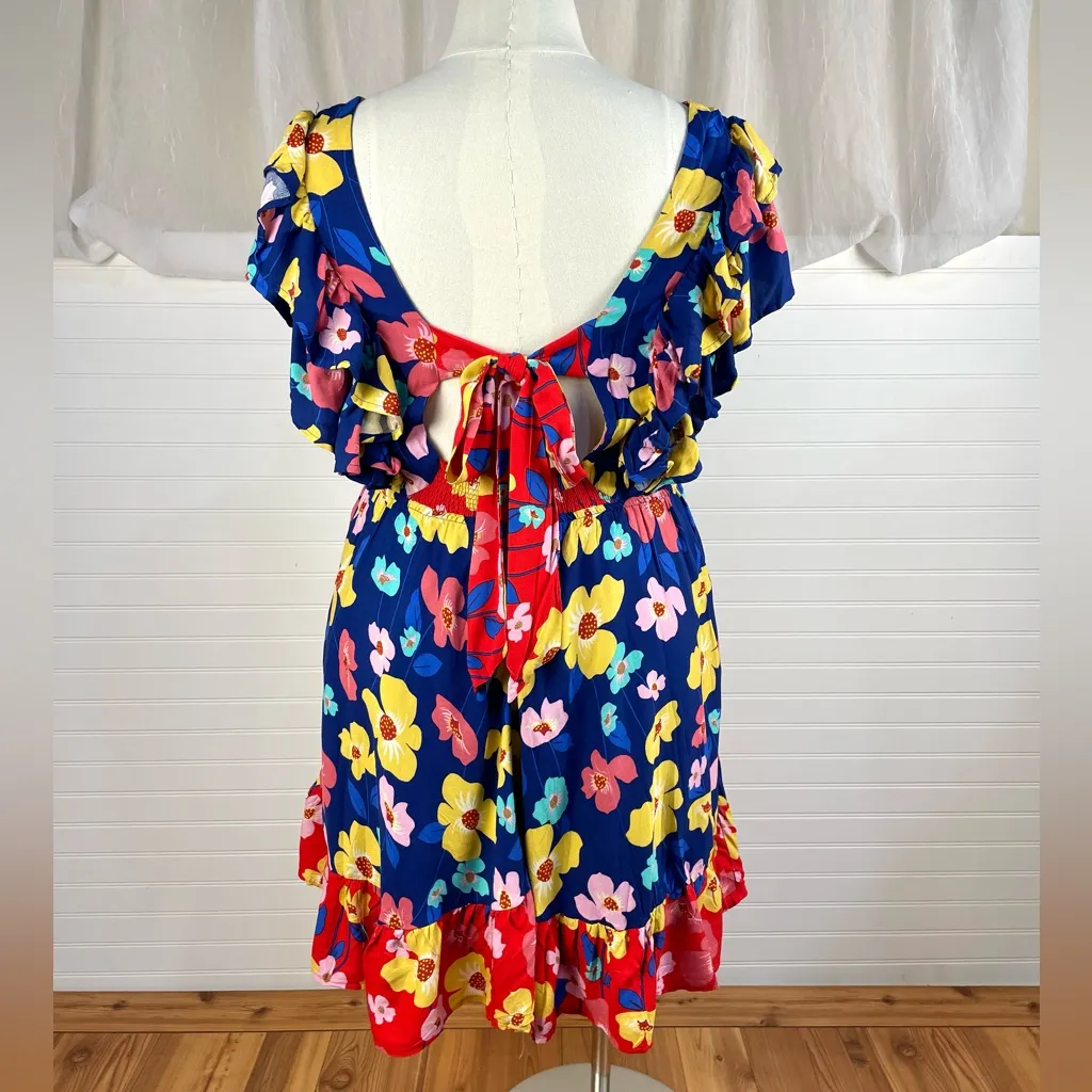 White Birch Empire Waist Flutter Sleeve Open Tie Back Floral Mini Dress 1X New - Image 6