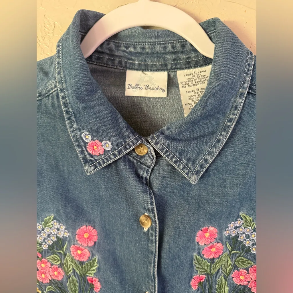 VTG Bobbie Brooks Embroidered Denim Shirt Womens L Garden Floral 90s Tie Back Blue Size L - Image 3