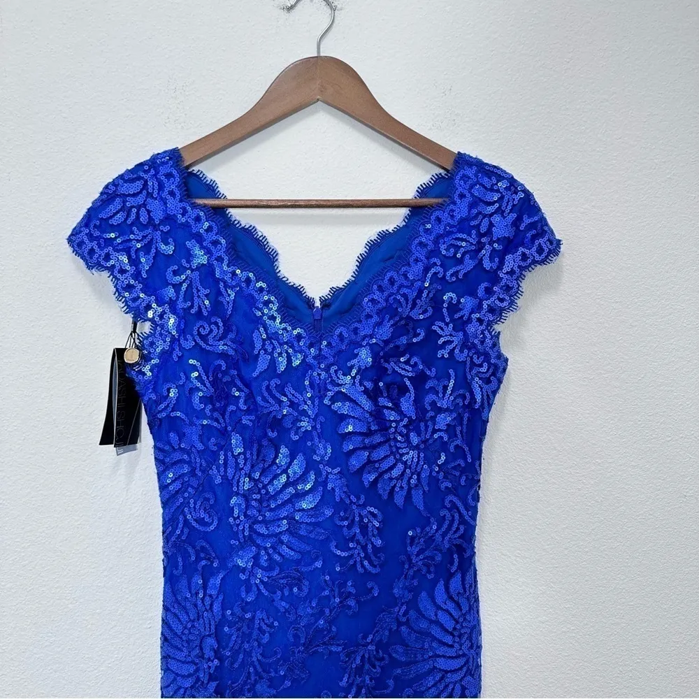 Tadashi Shoji Bright Cobalt Blue Embroidered Lace V Neck Sequin Cap Sleeve‎ - Image 5