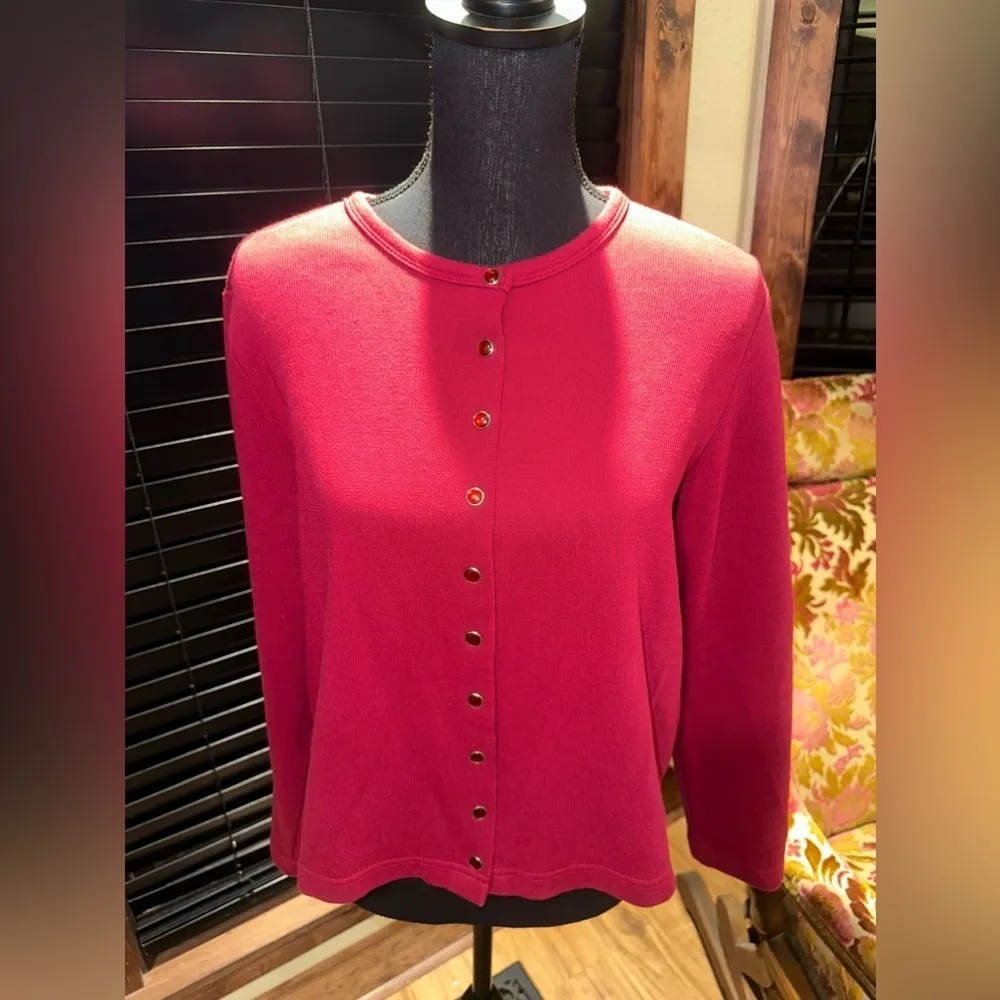 EUC “Basic Concepts” deep red cardigan with automatic button jewelry Sz L Size L - Image 3